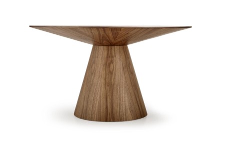 Okrągły stół Henderson 136 cm w naturalnej okleinie orzecha z geometryczną podstawą