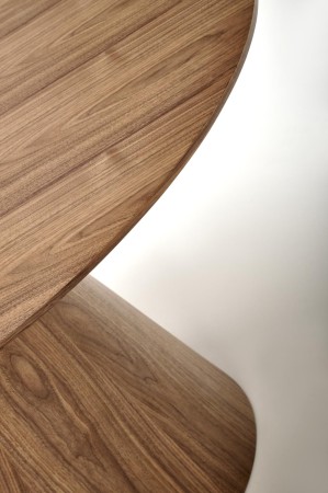 Okrągły stół Henderson 136 cm w naturalnej okleinie orzecha z geometryczną podstawą