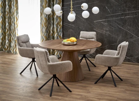 Okrągły stół Henderson 136 cm w naturalnej okleinie orzecha z geometryczną podstawą