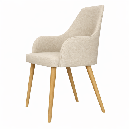 Krzesło Noli tapicerowane z podłokietnikami i drewnianymi nogami w kolorze dębu – nowoczesne krzesło do jadalni i salonu.