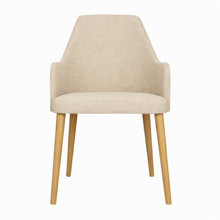 Krzesło Noli tapicerowane z podłokietnikami i drewnianymi nogami w kolorze dębu – nowoczesne krzesło do jadalni i salonu.