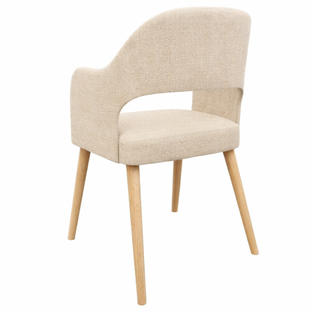 Krzesło Orta tapicerowane z podłokietnikami i drewnianymi nogami w kolorze czarnym – nowoczesne krzesło do jadalni i salonu.