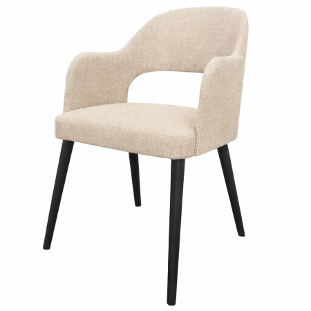 Krzesło Orta tapicerowane z podłokietnikami i drewnianymi nogami w kolorze czarnym – nowoczesne krzesło do jadalni i salonu.