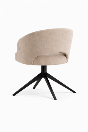 Krzesło Orta obrotowe 360 stopni tapicerowane z podłokietnikami i czarną metalową podstawą – nowoczesne krzesło do jadalni i salonu.