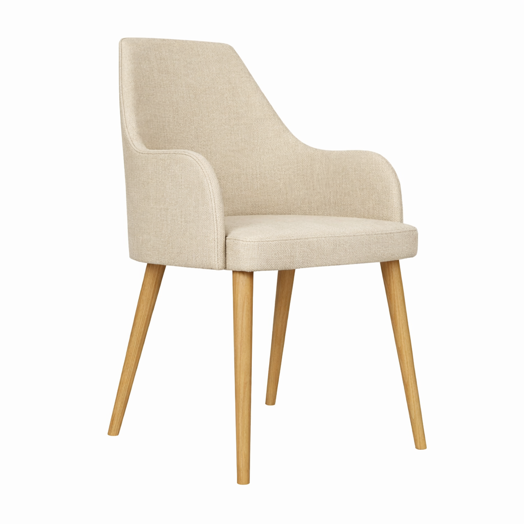 Krzesło Noli tapicerowane z podłokietnikami i drewnianymi nogami w kolorze dębu – nowoczesne krzesło do jadalni i salonu.