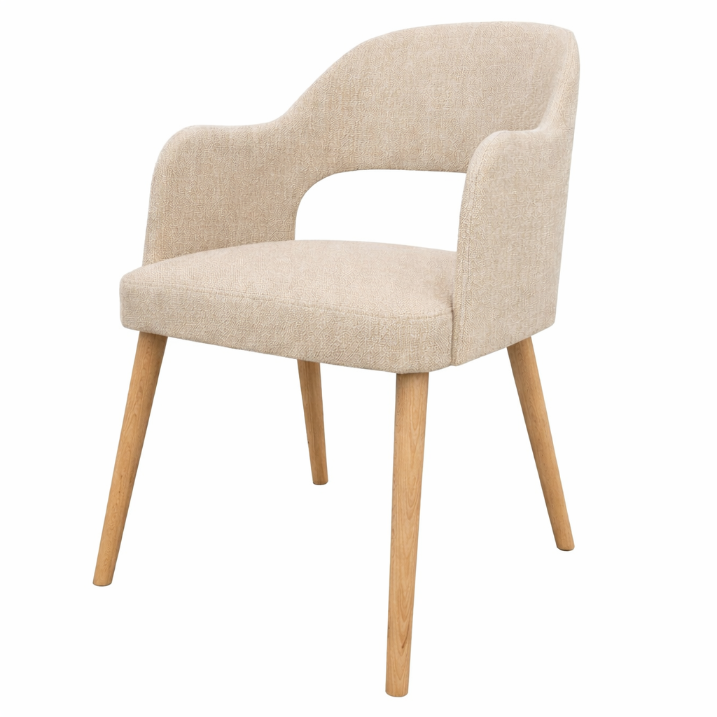 Krzesło Orta tapicerowane z podłokietnikami i drewnianymi nogami w kolorze czarnym – nowoczesne krzesło do jadalni i salonu.